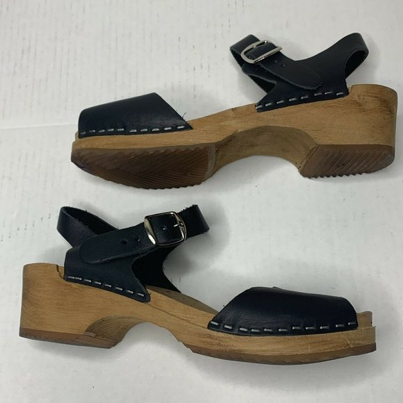 MIA Black Leather Wood Swedish Clogs Rubber Lug Soles EU 38 - Picture 4 of 10